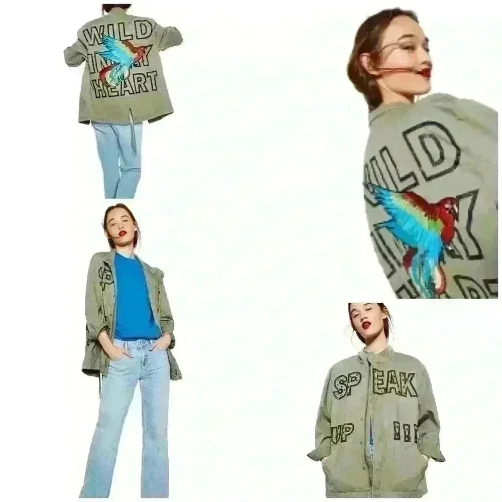 Zara Military Speak Up Trench Motor Biker Graphic Bird Olive Green Jacket XS